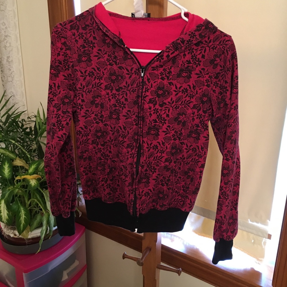 Y2K Wet Seal - Pink and Black Floral Zip-Up Hoodie